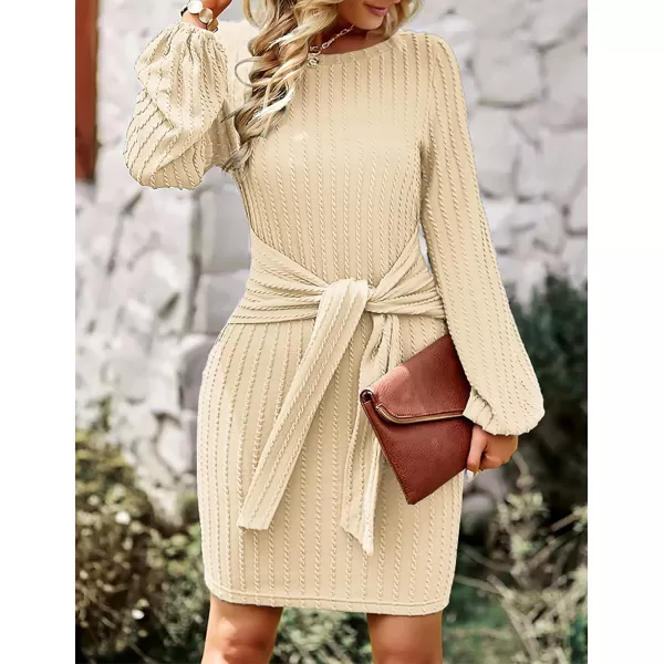 HOTOUCH Womens Casual Knit Dress Long Lantern Sleeve Fall Bodycon Dress Crewneck Tie Waist Rib Knitted Sweater DressesYellow