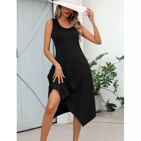 HOTOUCH Womens Casual Summer Dress Sleeveless Sundress Hankerchief Hem Midi Tank Dresses Beach Dress with Pockets01 Black