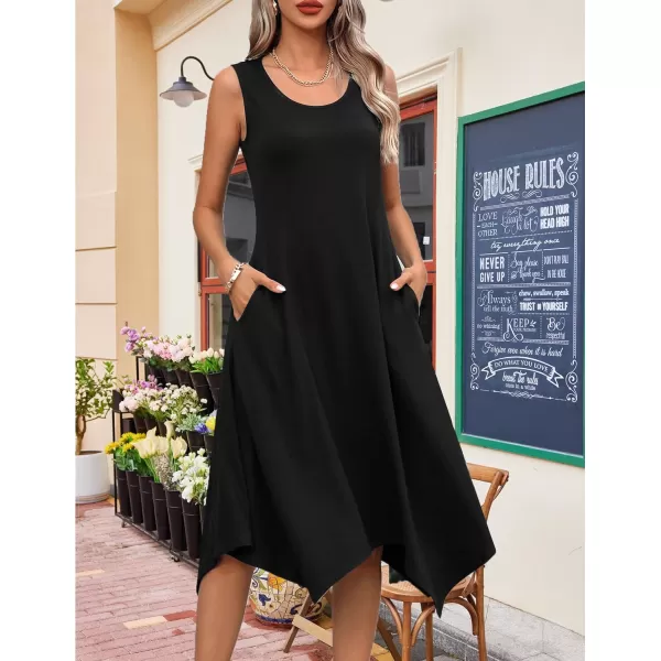 HOTOUCH Womens Casual Summer Dress Sleeveless Sundress Hankerchief Hem Midi Tank Dresses Beach Dress with Pockets01 Black