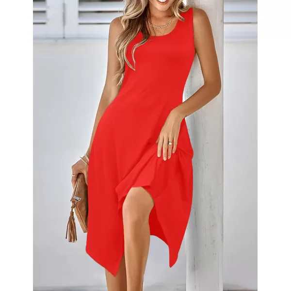 HOTOUCH Womens Casual Summer Dress Sleeveless Sundress Hankerchief Hem Midi Tank Dresses Beach Dress with PocketsSolid N Red