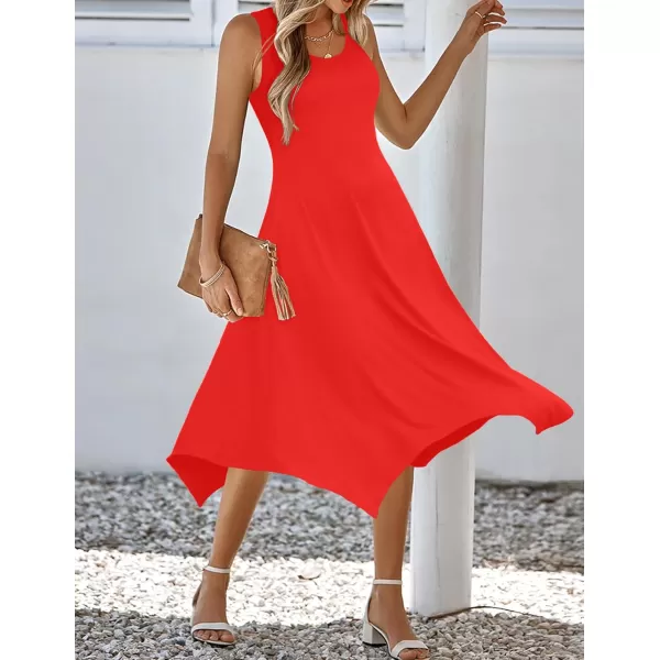 HOTOUCH Womens Casual Summer Dress Sleeveless Sundress Hankerchief Hem Midi Tank Dresses Beach Dress with PocketsSolid N Red