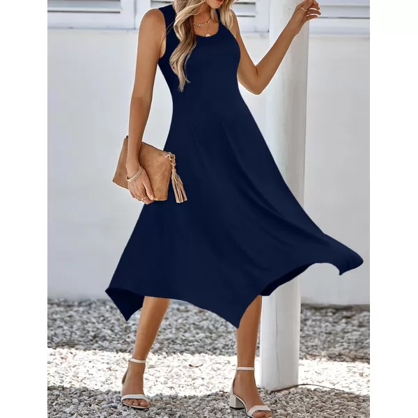 HOTOUCH Womens Casual Summer Dress Sleeveless Sundress Hankerchief Hem Midi Tank Dresses Beach Dress with PocketsSolid R Navy