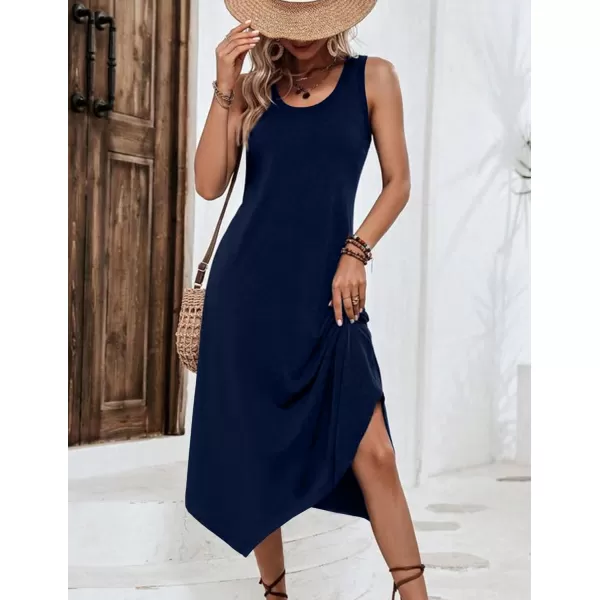 HOTOUCH Womens Casual Summer Dress Sleeveless Sundress Hankerchief Hem Midi Tank Dresses Beach Dress with PocketsSolid R Navy