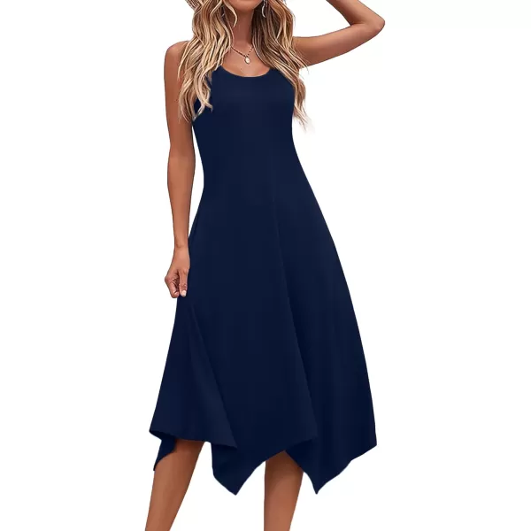 HOTOUCH Womens Casual Summer Dress Sleeveless Sundress Hankerchief Hem Midi Tank Dresses Beach Dress with PocketsSolid R Navy