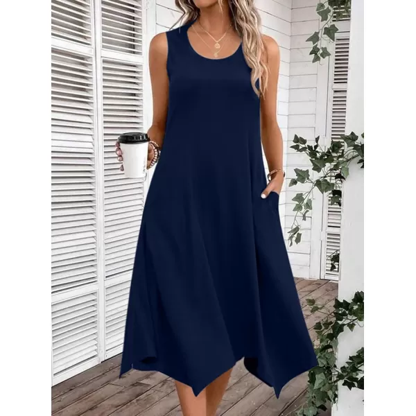 HOTOUCH Womens Casual Summer Dress Sleeveless Sundress Hankerchief Hem Midi Tank Dresses Beach Dress with PocketsSolid R Navy