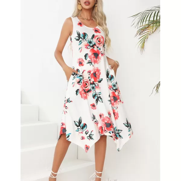 HOTOUCH Womens Casual Summer Dress Sleeveless Sundress Hankerchief Hem Midi Tank Dresses Beach Dress with PocketsWhite Floral