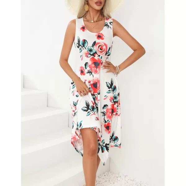 HOTOUCH Womens Casual Summer Dress Sleeveless Sundress Hankerchief Hem Midi Tank Dresses Beach Dress with PocketsWhite Floral