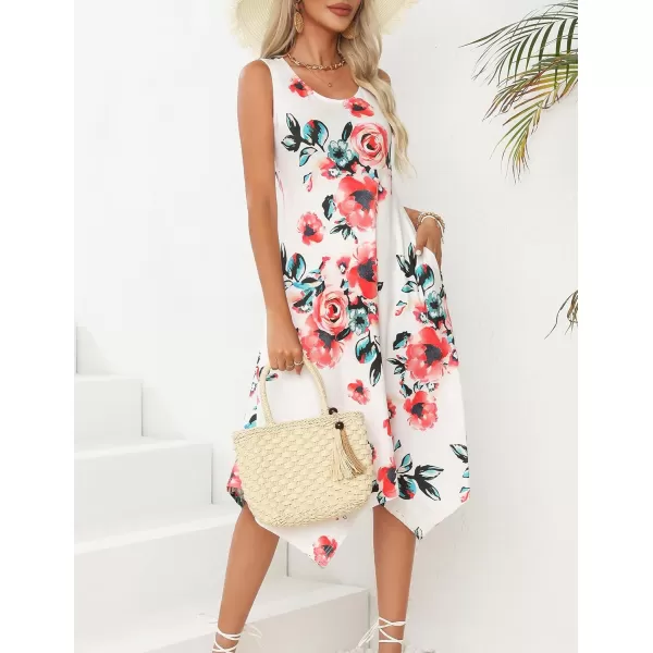 HOTOUCH Womens Casual Summer Dress Sleeveless Sundress Hankerchief Hem Midi Tank Dresses Beach Dress with PocketsWhite Floral