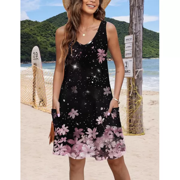 HOTOUCH Womens Casual Sundress with Pockets Summer Boho Beach Dress Floral TShirts Dress V Neck Loose Tank DressesBlack Floral04