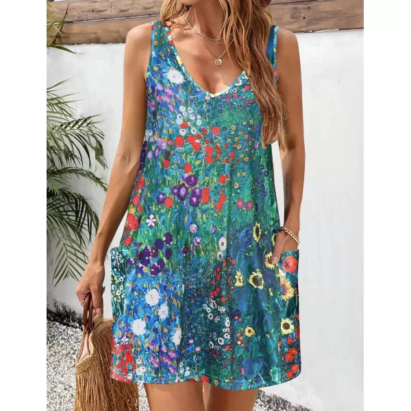 HOTOUCH Womens Casual Sundress with Pockets Summer Boho Beach Dress Floral TShirts Dress V Neck Loose Tank DressesBlue Floral03