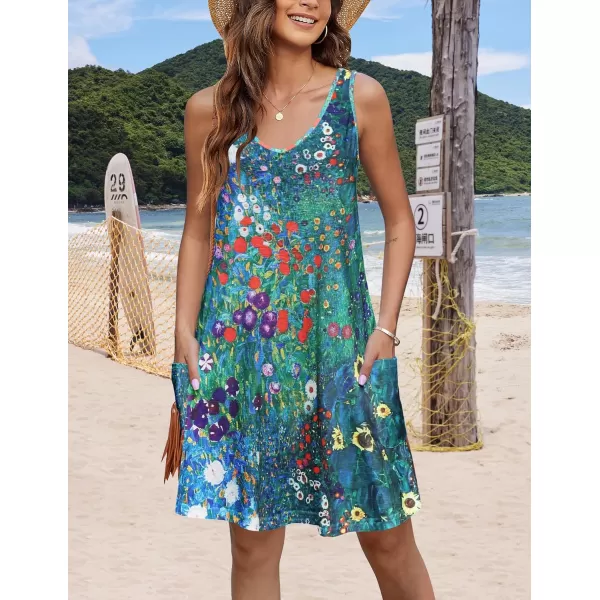 HOTOUCH Womens Casual Sundress with Pockets Summer Boho Beach Dress Floral TShirts Dress V Neck Loose Tank DressesBlue Floral03