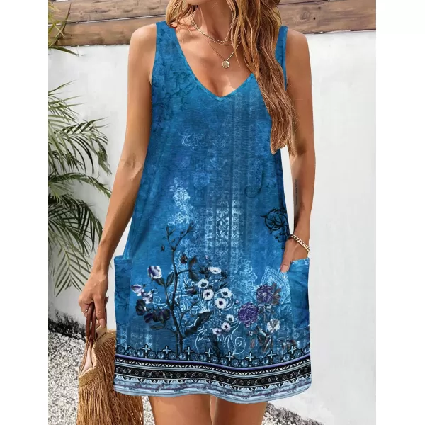 HOTOUCH Womens Casual Sundress with Pockets Summer Boho Beach Dress Floral TShirts Dress V Neck Loose Tank DressesBluefloral