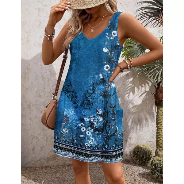 HOTOUCH Womens Casual Sundress with Pockets Summer Boho Beach Dress Floral TShirts Dress V Neck Loose Tank DressesBluefloral