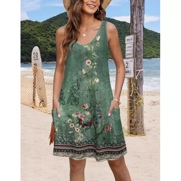 HOTOUCH Womens Casual Sundress with Pockets Summer Boho Beach Dress Floral TShirts Dress V Neck Loose Tank DressesGreenprint