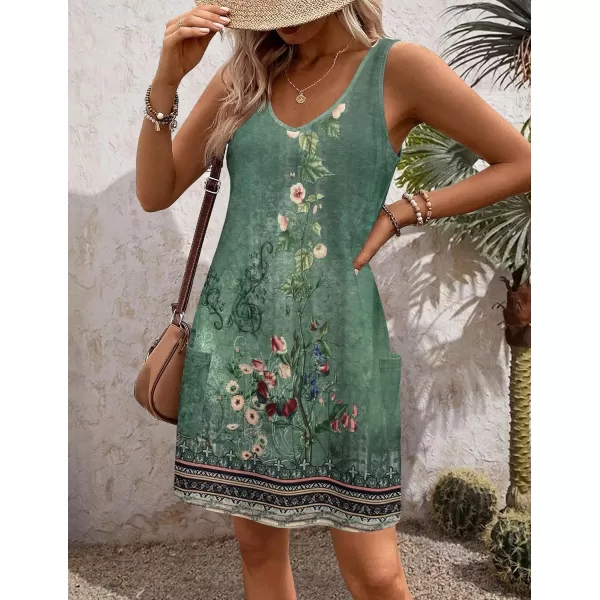 HOTOUCH Womens Casual Sundress with Pockets Summer Boho Beach Dress Floral TShirts Dress V Neck Loose Tank DressesGreenprint