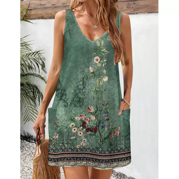 HOTOUCH Womens Casual Sundress with Pockets Summer Boho Beach Dress Floral TShirts Dress V Neck Loose Tank DressesGreenprint