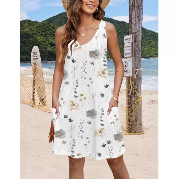 HOTOUCH Womens Casual Sundress with Pockets Summer Boho Beach Dress Floral TShirts Dress V Neck Loose Tank DressesWhiteprint