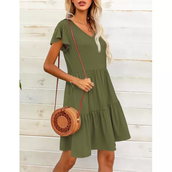 HOTOUCH Womens Casual Tiered Dress with Pockets V Neck Ruffle Dress Cap Sleeve Swing Mini Dress ALine DressesArmy Green