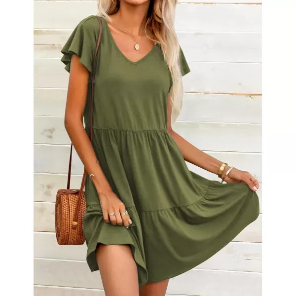 HOTOUCH Womens Casual Tiered Dress with Pockets V Neck Ruffle Dress Cap Sleeve Swing Mini Dress ALine DressesArmy Green