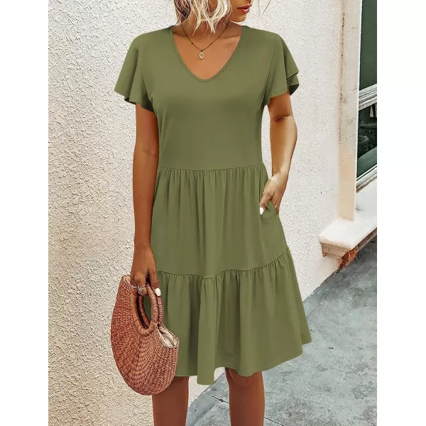 HOTOUCH Womens Casual Tiered Dress with Pockets V Neck Ruffle Dress Cap Sleeve Swing Mini Dress ALine DressesArmy Green