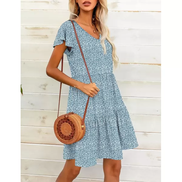 HOTOUCH Womens Casual Tiered Dress with Pockets V Neck Ruffle Dress Cap Sleeve Swing Mini Dress ALine DressesBlue Printed