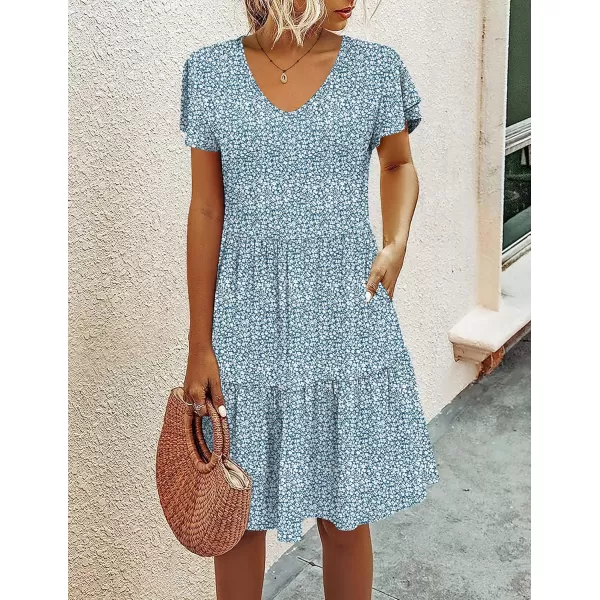 HOTOUCH Womens Casual Tiered Dress with Pockets V Neck Ruffle Dress Cap Sleeve Swing Mini Dress ALine DressesBlue Printed