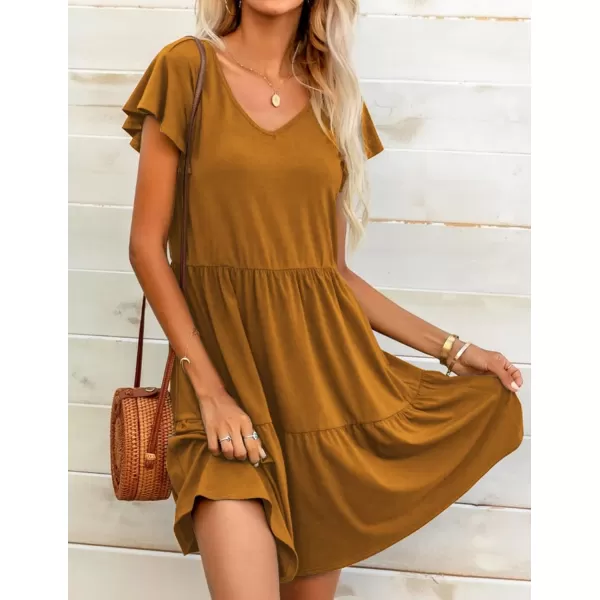 HOTOUCH Womens Casual Tiered Dress with Pockets V Neck Ruffle Dress Cap Sleeve Swing Mini Dress ALine DressesBrown