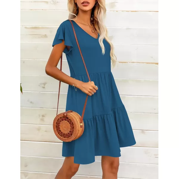 HOTOUCH Womens Casual Tiered Dress with Pockets V Neck Ruffle Dress Cap Sleeve Swing Mini Dress ALine DressesDark Blue