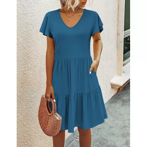 HOTOUCH Womens Casual Tiered Dress with Pockets V Neck Ruffle Dress Cap Sleeve Swing Mini Dress ALine DressesDark Blue