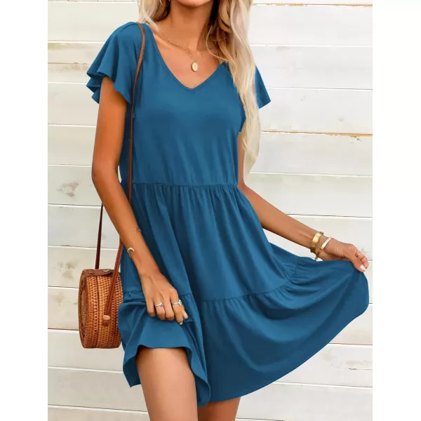 HOTOUCH Womens Casual Tiered Dress with Pockets V Neck Ruffle Dress Cap Sleeve Swing Mini Dress ALine DressesDark Blue