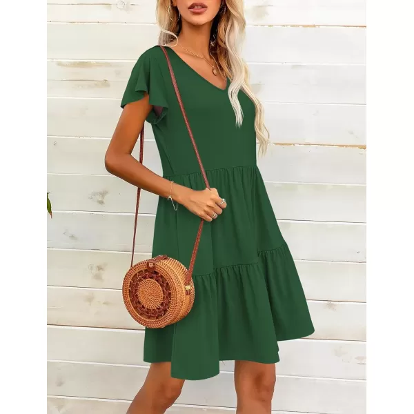 HOTOUCH Womens Casual Tiered Dress with Pockets V Neck Ruffle Dress Cap Sleeve Swing Mini Dress ALine DressesDark Green