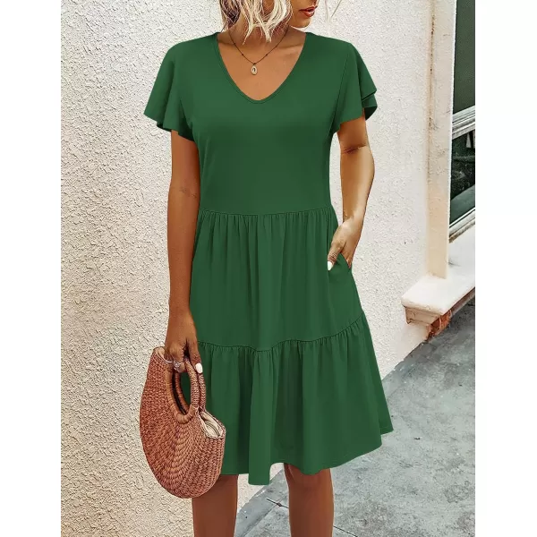 HOTOUCH Womens Casual Tiered Dress with Pockets V Neck Ruffle Dress Cap Sleeve Swing Mini Dress ALine DressesDark Green