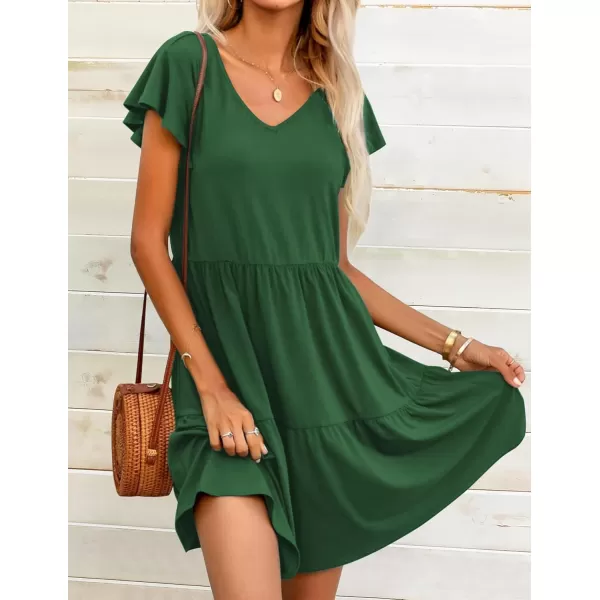 HOTOUCH Womens Casual Tiered Dress with Pockets V Neck Ruffle Dress Cap Sleeve Swing Mini Dress ALine DressesDark Green