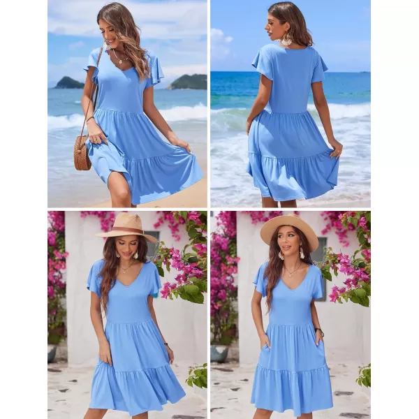 HOTOUCH Womens Casual Tiered Dress with Pockets V Neck Ruffle Dress Cap Sleeve Swing Mini Dress ALine DressesLight Blue