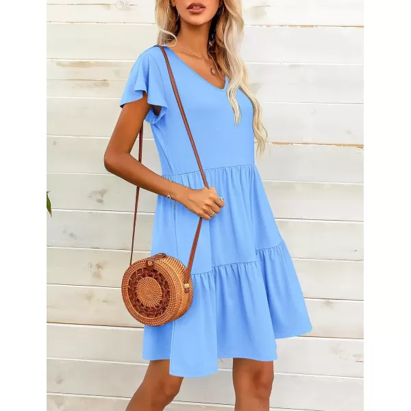 HOTOUCH Womens Casual Tiered Dress with Pockets V Neck Ruffle Dress Cap Sleeve Swing Mini Dress ALine DressesLight Blue