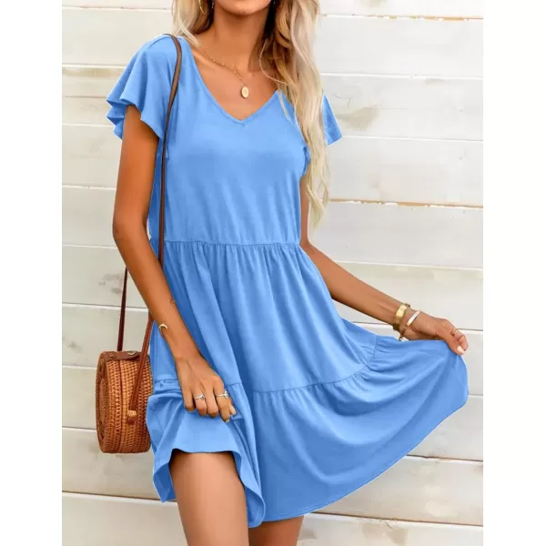 HOTOUCH Womens Casual Tiered Dress with Pockets V Neck Ruffle Dress Cap Sleeve Swing Mini Dress ALine DressesLight Blue