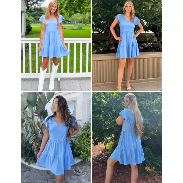 HOTOUCH Womens Casual Tiered Dress with Pockets V Neck Ruffle Dress Cap Sleeve Swing Mini Dress ALine DressesLight Blue