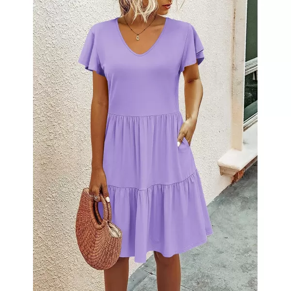 HOTOUCH Womens Casual Tiered Dress with Pockets V Neck Ruffle Dress Cap Sleeve Swing Mini Dress ALine DressesLilac