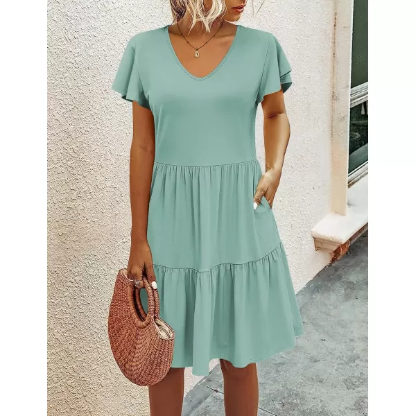 HOTOUCH Womens Casual Tiered Dress with Pockets V Neck Ruffle Dress Cap Sleeve Swing Mini Dress ALine DressesMint Green