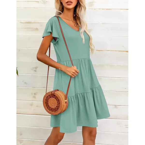 HOTOUCH Womens Casual Tiered Dress with Pockets V Neck Ruffle Dress Cap Sleeve Swing Mini Dress ALine DressesMint Green