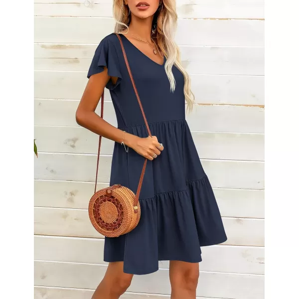 HOTOUCH Womens Casual Tiered Dress with Pockets V Neck Ruffle Dress Cap Sleeve Swing Mini Dress ALine DressesNavy Blue