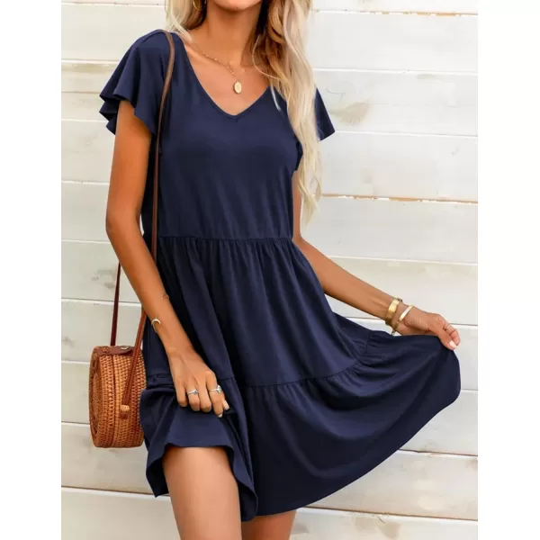 HOTOUCH Womens Casual Tiered Dress with Pockets V Neck Ruffle Dress Cap Sleeve Swing Mini Dress ALine DressesNavy Blue