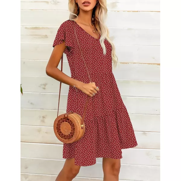 HOTOUCH Womens Casual Tiered Dress with Pockets V Neck Ruffle Dress Cap Sleeve Swing Mini Dress ALine DressesPolka Dot Wine