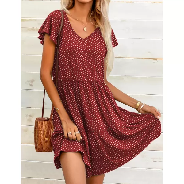 HOTOUCH Womens Casual Tiered Dress with Pockets V Neck Ruffle Dress Cap Sleeve Swing Mini Dress ALine DressesPolka Dot Wine