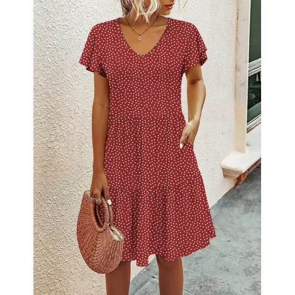 HOTOUCH Womens Casual Tiered Dress with Pockets V Neck Ruffle Dress Cap Sleeve Swing Mini Dress ALine DressesPolka Dot Wine