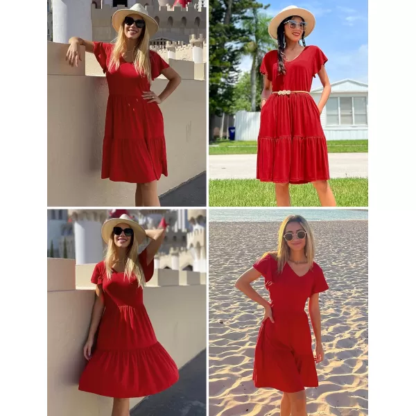 HOTOUCH Womens Casual Tiered Dress with Pockets V Neck Ruffle Dress Cap Sleeve Swing Mini Dress ALine DressesRed