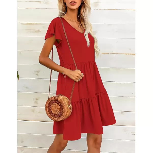 HOTOUCH Womens Casual Tiered Dress with Pockets V Neck Ruffle Dress Cap Sleeve Swing Mini Dress ALine DressesRed