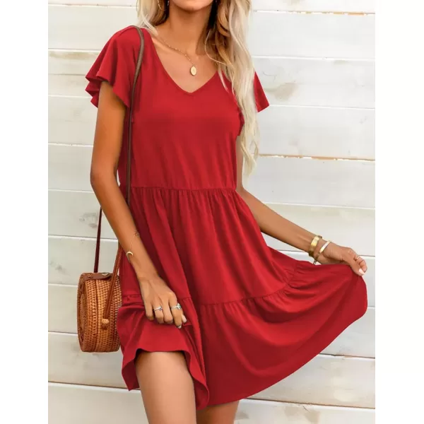 HOTOUCH Womens Casual Tiered Dress with Pockets V Neck Ruffle Dress Cap Sleeve Swing Mini Dress ALine DressesRed