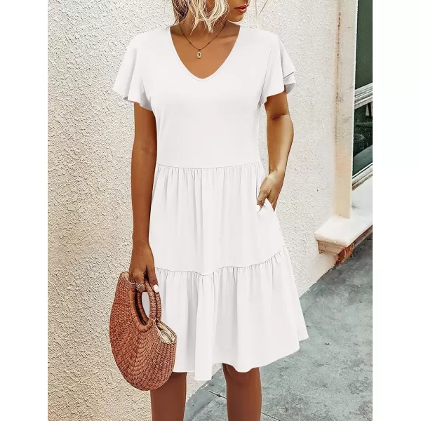 HOTOUCH Womens Casual Tiered Dress with Pockets V Neck Ruffle Dress Cap Sleeve Swing Mini Dress ALine DressesWhite