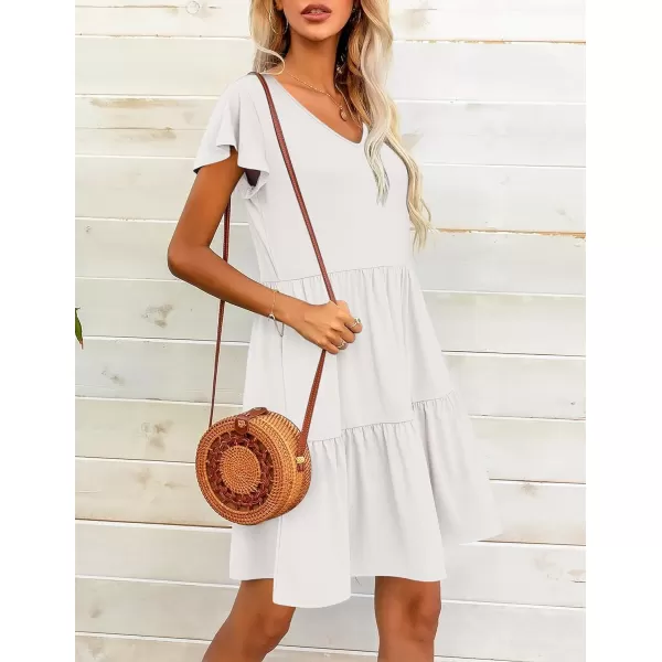 HOTOUCH Womens Casual Tiered Dress with Pockets V Neck Ruffle Dress Cap Sleeve Swing Mini Dress ALine DressesWhite